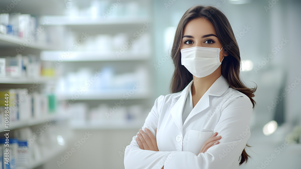 Portrait of a professional female pharmacist wearing mask and crossed arms in a medical store or drugstore. Portrait of a professional female pharmacist wearing mask and crossed arms in a medical store or drugstore.