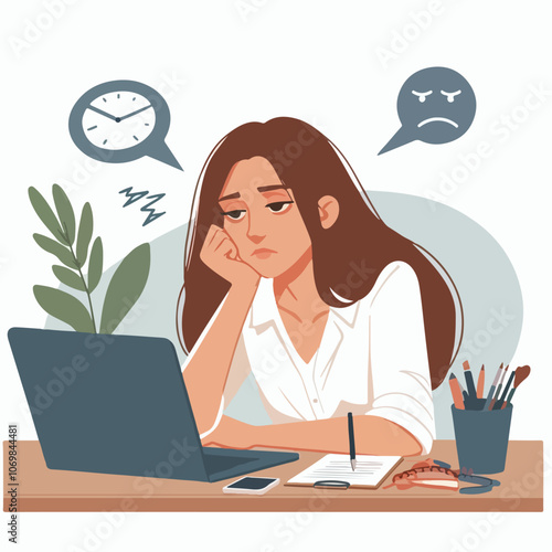 Bored woman sitting at desk. Tired sad office worker. Procrastination, burnout and boredom concept. Depressed upset exhausted lazy student. Flat vector illustration isolated on white background