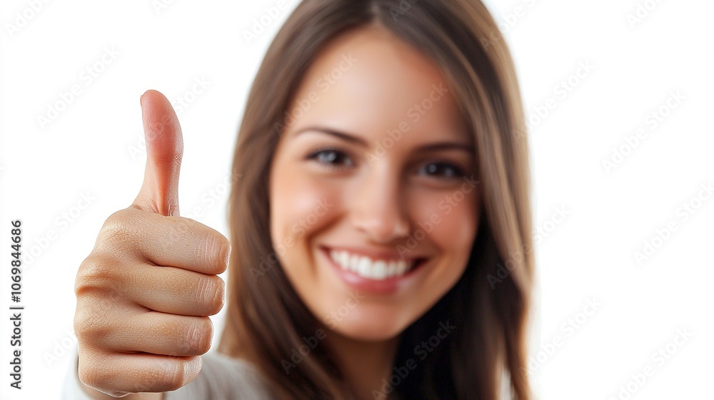 Joyful Woman Giving Thumbs Up with Bright Smile Joyful Woman Giving Thumbs Up with Bright Smile