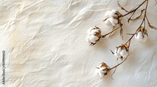Dried branch of cotton plant on a soft white towel with space for text, elegant natural background