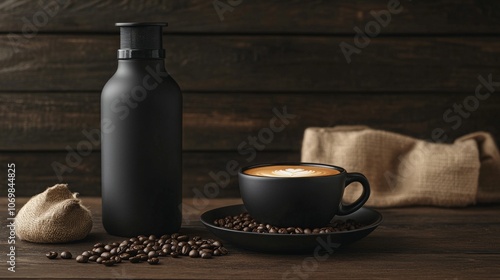 Coffee beans with black coffee bottle and milk cup, arranged for a cozy, simple setup