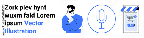 Man pondering with hand on chin, outline microphone, and mobile with e-commerce cart. Ideal for envisioning brainstorming, podcasting, digital thinking, e-commerce, retail advertising, content