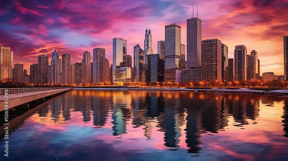 Naklejka premium A vibrant cityscape of Chicago at sunset, showcasing the towering skyscrapers along the riverbank with reflections in the water and a colorful sky. The photo captures the tall buildings illuminated 