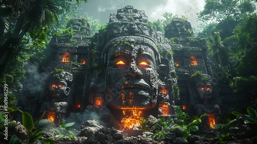 Deep jungle site reveals hoard of ancient treasuresgolden idols sparkling gemstones and sacred relicsgleaming in a breathtaking posterstyle landscape