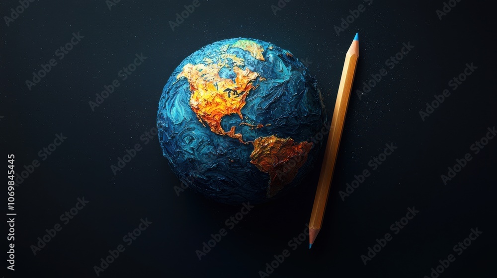 The world of knowledge with globe and pencil icon representing learning opportunities in education The world of knowledge with globe and pencil icon representing learning opportunities in education