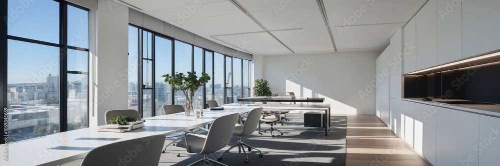 Sleek minimalist office space with large windows and modern furniture Sleek minimalist office space with large windows and modern furniture