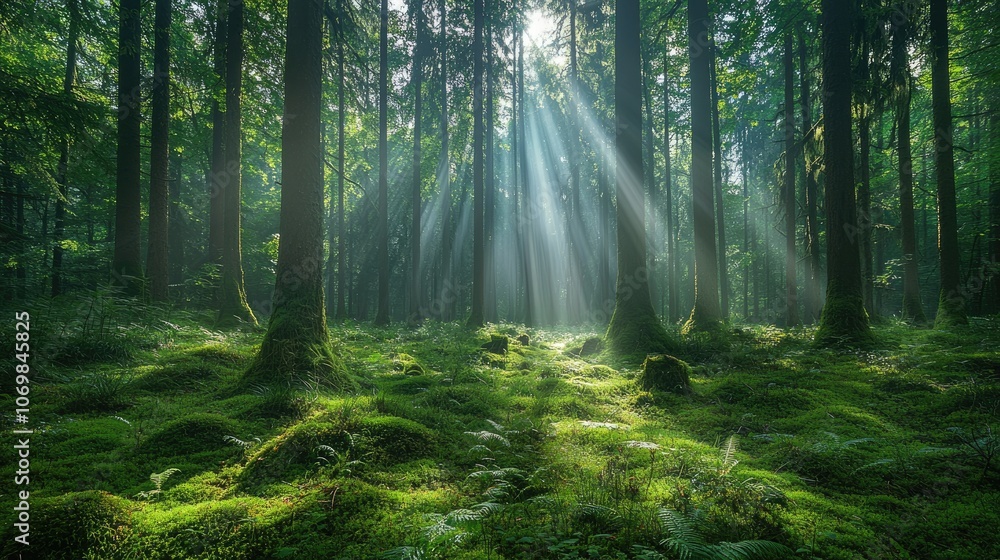 Obraz premium Sunlit Green Forest with Dense Foliage – A Calm, Peaceful Woodland Scene with Tall Trees and Mossy Forest Floor, Ideal for Nature, Tranquility, and Serenity-Themed Projects and Designs