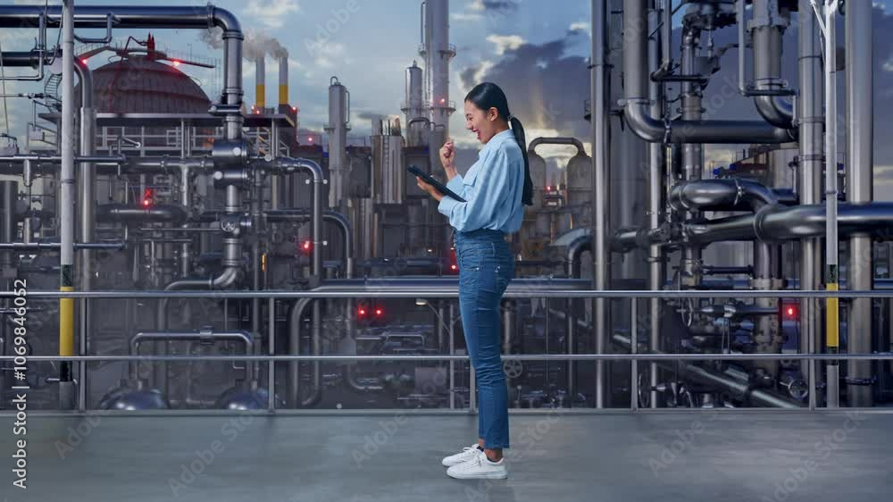 Full Body Side View Of An Asian Female Professional Worker Standing With Her Tablet In a Refinery, Oil Processing Equipment And Machinery, She Raises Her Fist Up With Screaming Goal Full Body Side View Of An Asian Female Professional Worker Standing With Her Tablet In a Refinery, Oil Processing Equipment And Machinery, She Raises Her Fist Up With Screaming Goal