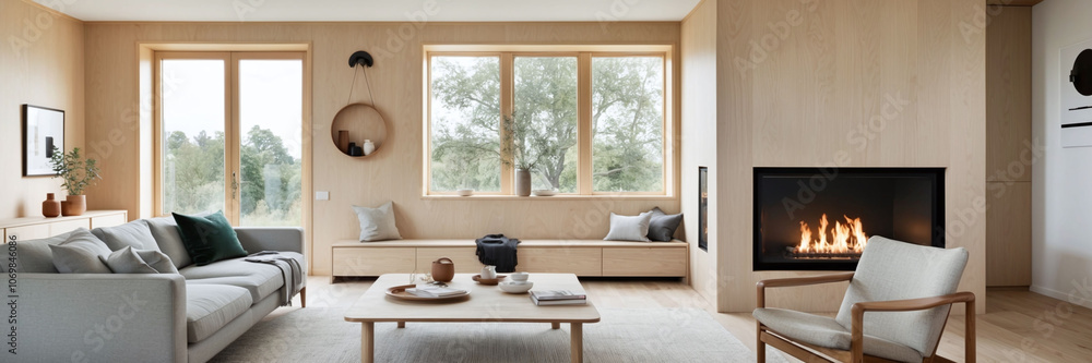 Scandinavian-style living room with a fireplace light wood and minimalist decor Scandinavian-style living room with a fireplace light wood and minimalist decor