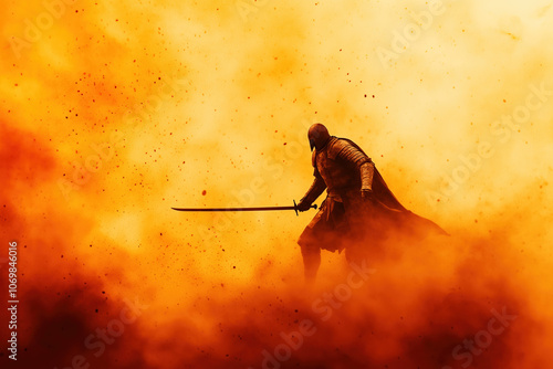 Brave Knight in Full Armor Leading a Charge into Battle with Sword Raised, Surrounded by Fierce Dust and Smoke, Fictional and Real Characters Unite photo