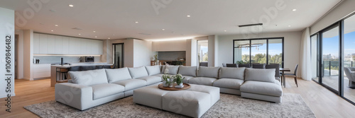 Spacious open-plan living area with a large sectional sofa and minimalist decor