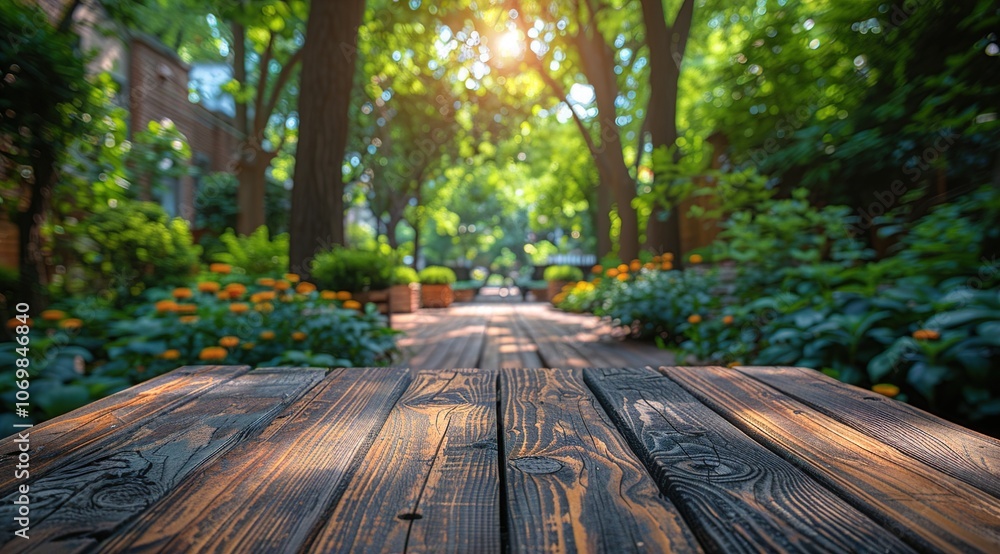 Empty wooden deck table with tablecloth with blur green courtyard background. Empty wooden deck table with tablecloth with blur green courtyard background.