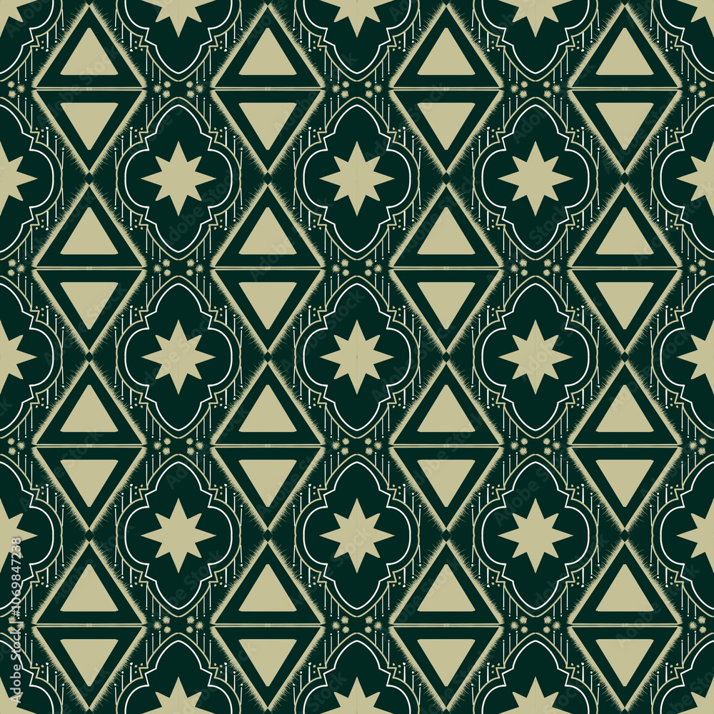 Fototapeta premium Illustration of Green Geometric Fabric Ethnic Pattern.