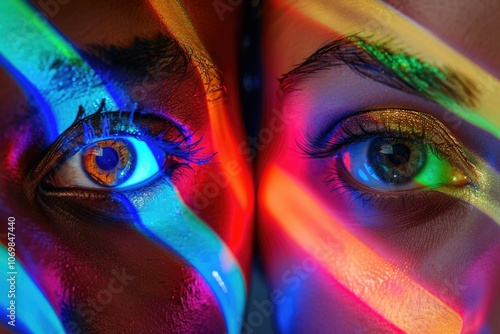 Diverse close up eyes on neon background symbolize equality and unity. photo