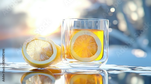 Warm tea in a clear glass with lemon slices, perfect for a cold winter day photo