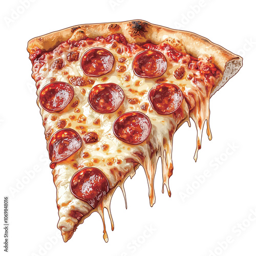 Slice of pizza with melted cheese isolated on white background. 3d illustration 