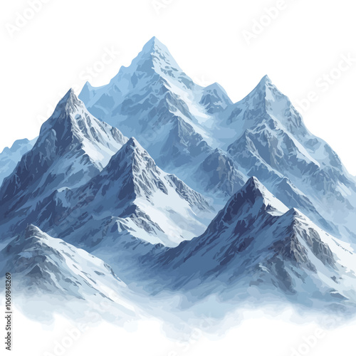 Snowy mountain peaks in the clouds. Winter landscape. Vector illustration.