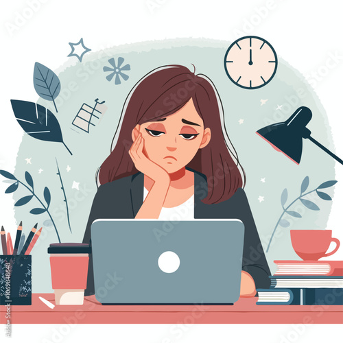 Bored woman sitting at desk. Tired sad office worker. Procrastination, burnout and boredom concept. Depressed upset exhausted lazy student. Flat vector illustration isolated on white background