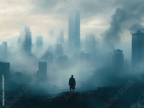 Desolate Survivor Amidst Ruined Urban Skyline, Cinematic Poster Aesthetic with Dark Blue Tones, Retro Grainy Texture