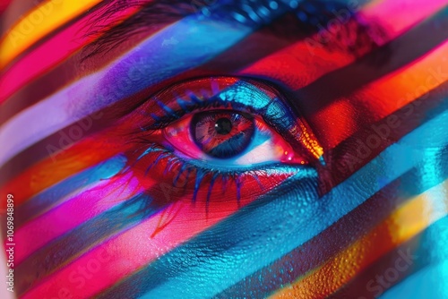 Diverse close up eyes on colorful background symbolize equality. photo