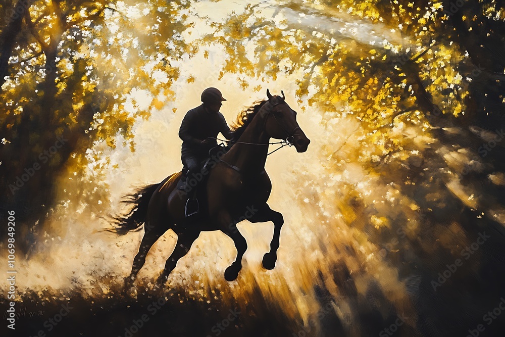 Silhouette of a Rider and Horse Galloping Through a Sunlit Forest Silhouette of a Rider and Horse Galloping Through a Sunlit Forest