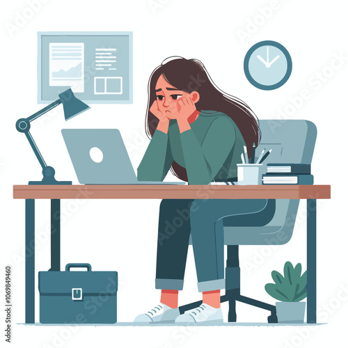 Bored woman sitting at desk. Tired sad office worker. Procrastination, burnout and boredom concept. Depressed upset exhausted lazy student. Flat vector illustration isolated on white background