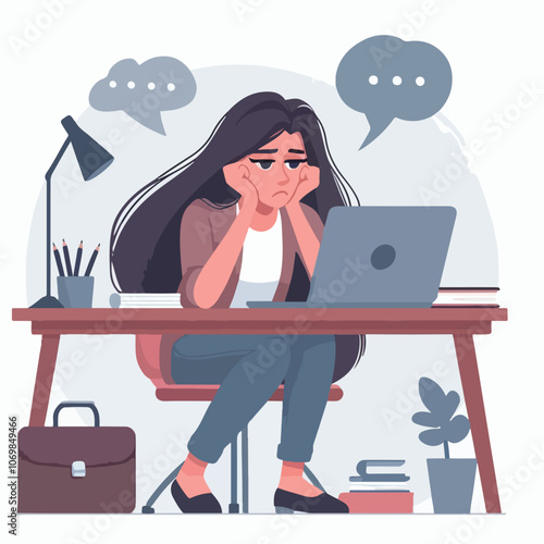 Bored woman sitting at desk. Tired sad office worker. Procrastination, burnout and boredom concept. Depressed upset exhausted lazy student. Flat vector illustration isolated on white background