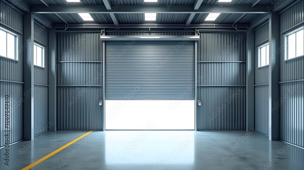 Warehouse or garage roller shutter door. Factory roller door entrance, floor building store shop interior. Warehouse or garage roller shutter door. Factory roller door entrance, floor building store shop interior.