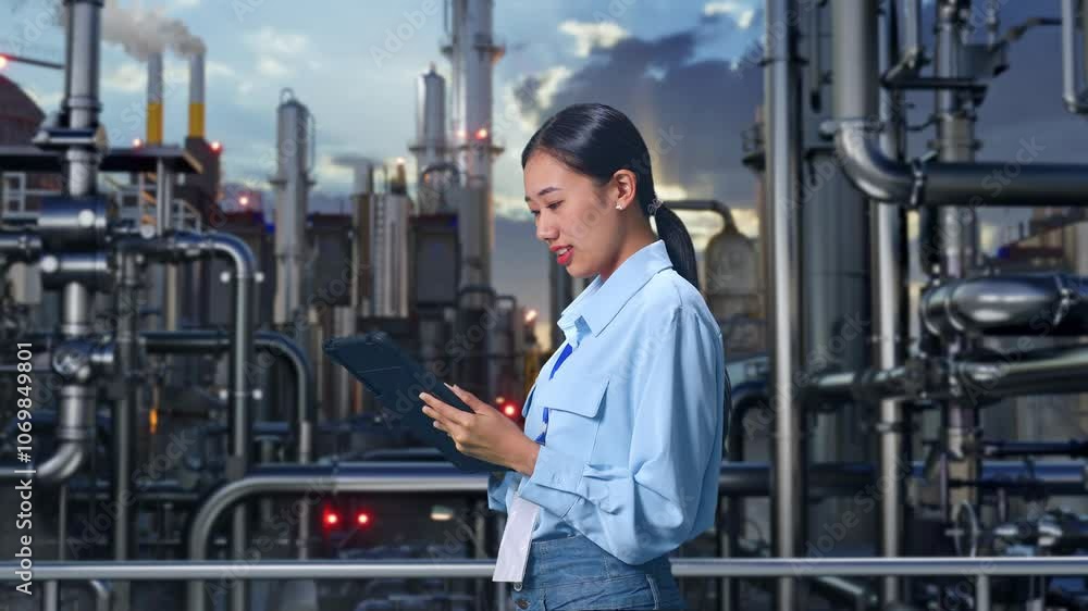 Side View Of An Asian Female Professional Worker Standing With Her Tablet In a Refinery, Oil Processing Equipment And Machinery, Checking On Her Tablet With Meditation Side View Of An Asian Female Professional Worker Standing With Her Tablet In a Refinery, Oil Processing Equipment And Machinery, Checking On Her Tablet With Meditation