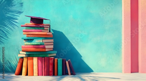 Vibrant stack of colorful books topped with a graduation cap placed against a pastel blue wall celebrating the theme of education and achievement