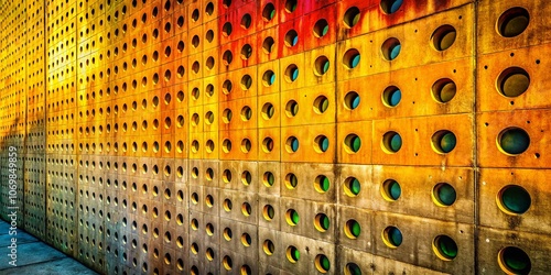 Detailed Portrait Photography of a Concrete Wall with Perforations, Showcasing Texture, Depth, and Unique Patterns for Architectural and Industrial Design Visuals photo