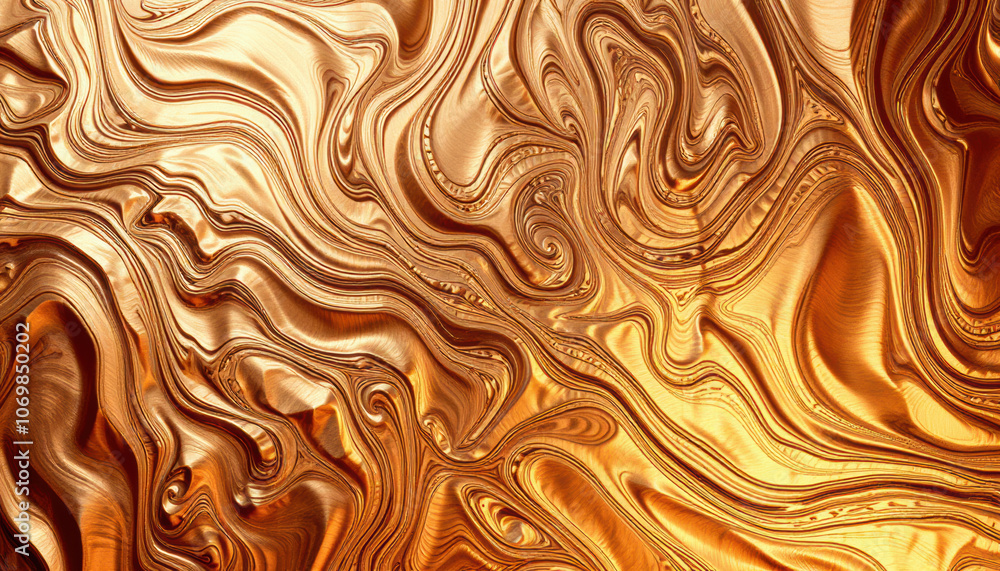 Obraz premium Liquid copper background with swirling patterns and vibrant hues, creating dynamic and visually striking texture that evokes warmth and richness