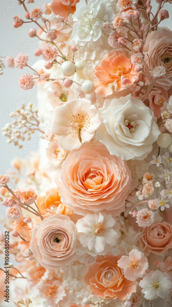 A beautiful bouquet showcases an array of delicate pastel flowers in shades of pink and peach, perfect for a wedding centerpiece or event decoration A beautiful bouquet showcases an array of delicate pastel flowers in shades of pink and peach, perfect for a wedding centerpiece or event decoration