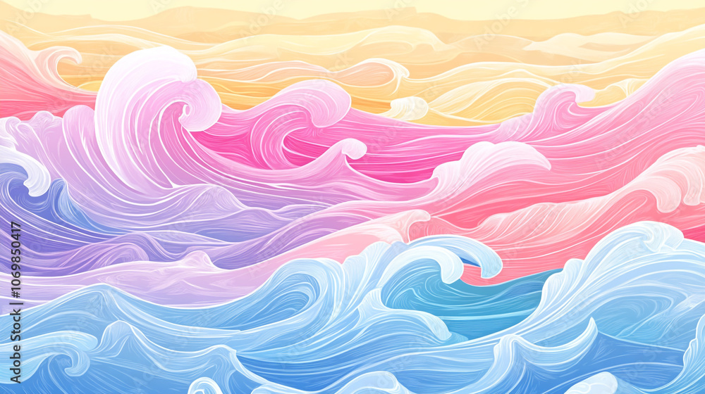 Fototapeta premium Colorful waves painted with pastel hues under a soft sunset sky