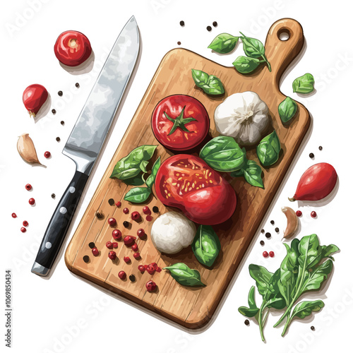 Tomatoes, garlic, basil and pepper on wooden cutting board. 