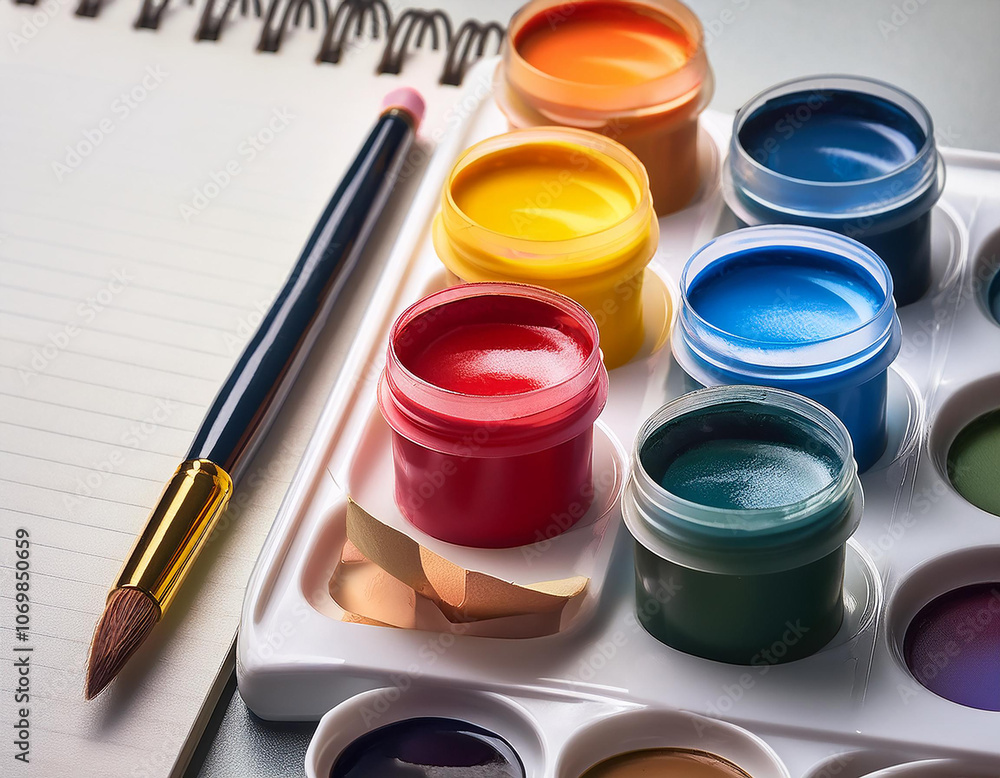 Used brushes on an artist's palette of colorful oil paint