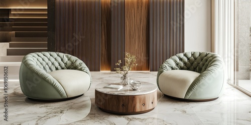 light green and cream wooden pouffe chair with buttons and elegant table in modern living room with elegant pvc wall panels and marble floor 