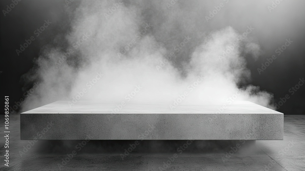 Empty concrete table with a grey background for product presentation, concrete wall with smoke and fog. Empty concrete table with a grey background for product presentation, concrete wall with smoke and fog.