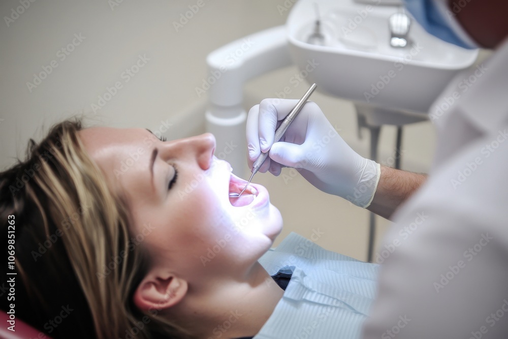 Dentist examining patient's teeth with dental instruments in clinic Dentist examining patient's teeth with dental instruments in clinic