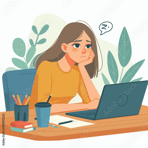 Bored woman sitting at desk. Tired sad office worker. Procrastination, burnout and boredom concept. Depressed upset exhausted lazy student. Flat vector illustration isolated on white background