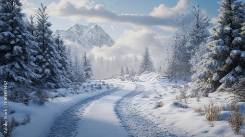 In a winter landscape in Germany, a road covered in snow and trees covered in snow.