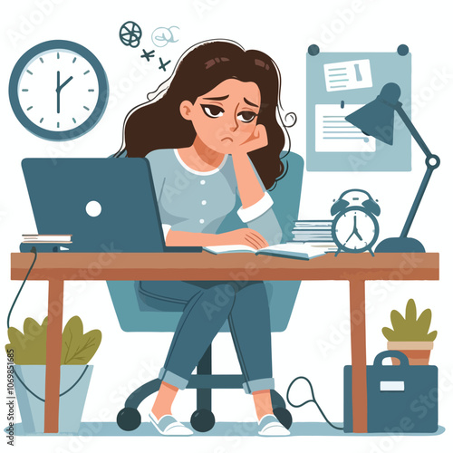 Bored woman sitting at desk. Tired sad office worker. Procrastination, burnout and boredom concept. Depressed upset exhausted lazy student. Flat vector illustration isolated on white background