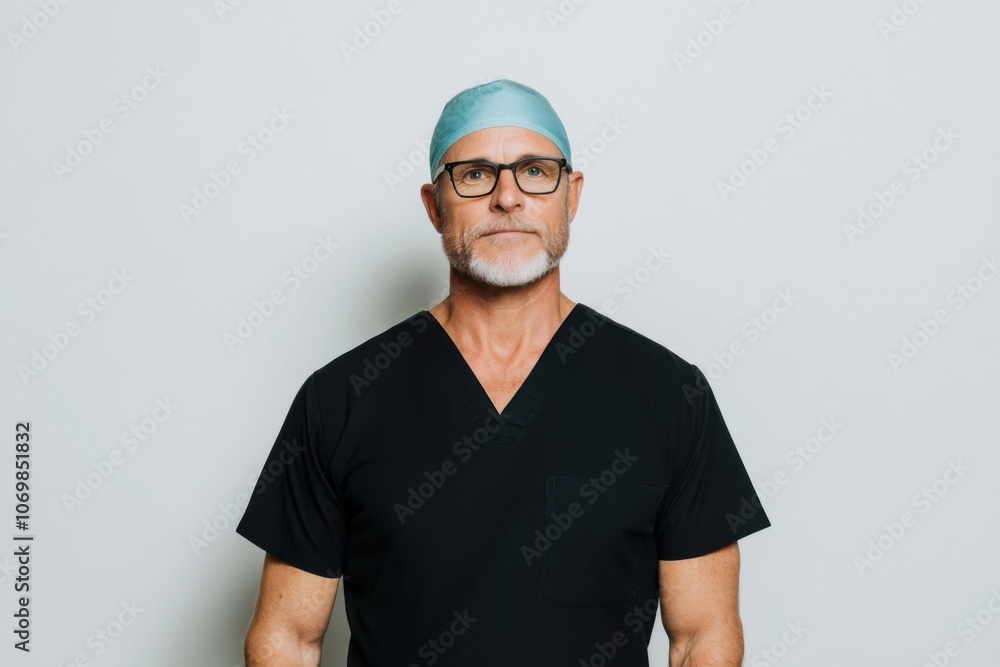 Portrait of confident mature surgeon wearing scrubs and surgical cap Portrait of confident mature surgeon wearing scrubs and surgical cap