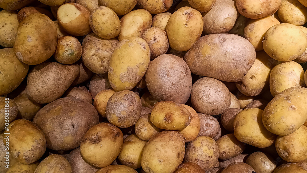 A pile of potatoes with some of them being brown. The potatoes are all different sizes and shapes. A pile of potatoes with some of them being brown. The potatoes are all different sizes and shapes.