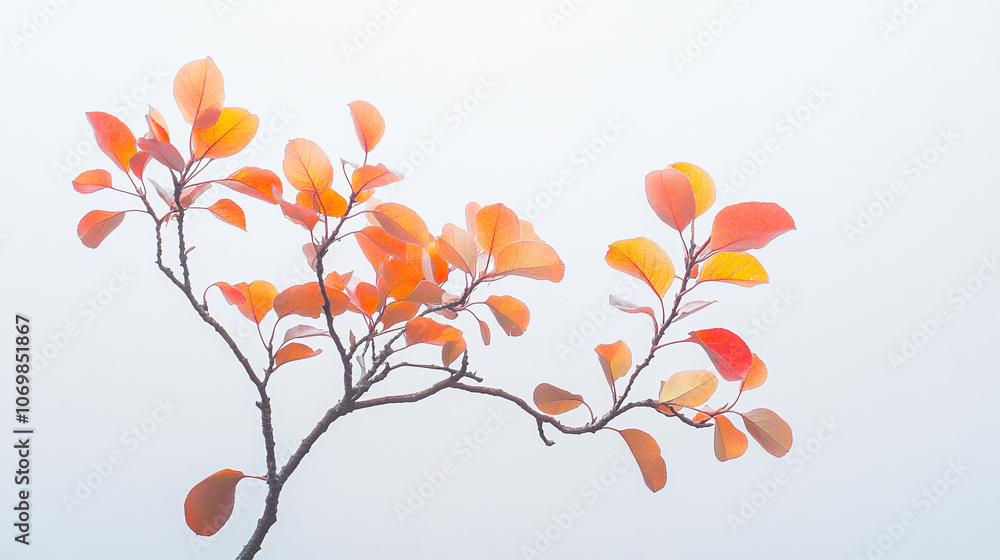 Autumn leaves on a branch surrounded by a foggy backdrop in early morning light Autumn leaves on a branch surrounded by a foggy backdrop in early morning light