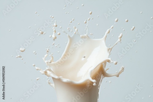 Milk splashing and creating a crown shape on light grey background