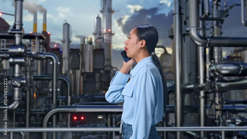 Side View Asian Female Professional Worker Standing In a Refinery, Oil Processing Equipment And Machinery, She Pick The Phone Up And Started To Specking To It With A Slicely Smile Side View Asian Female Professional Worker Standing In a Refinery, Oil Processing Equipment And Machinery, She Pick The Phone Up And Started To Specking To It With A Slicely Smile