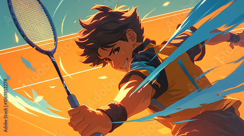 anime boy badminton player 2d illustration