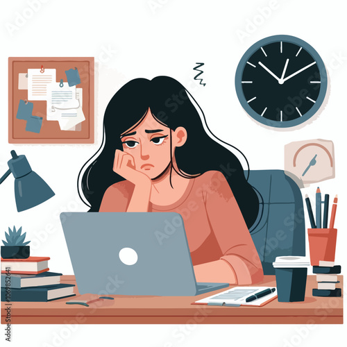 Bored woman sitting at desk. Tired sad office worker. Procrastination, burnout and boredom concept. Depressed upset exhausted lazy student. Flat vector illustration isolated on white background