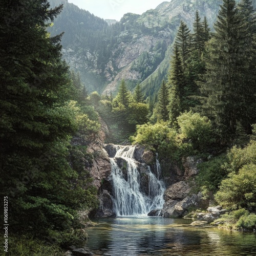 Waterfall's symphony in summer's alpine embrace photo